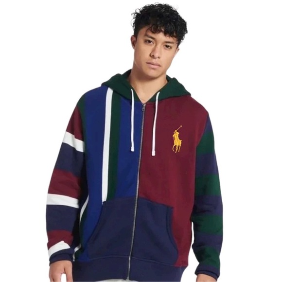 POLO RALPH LAUREN • Big Pony Patchwork Fleece Logo Hoodie Sweatshirt - Picture 2 of 6